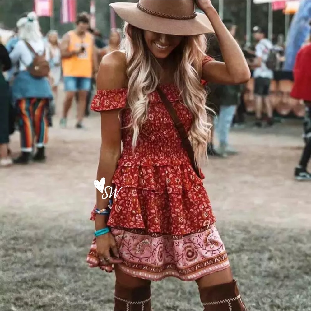 Off the Shoulder Boho Floral Gypsy Print Dress red - Picture 2 of 10